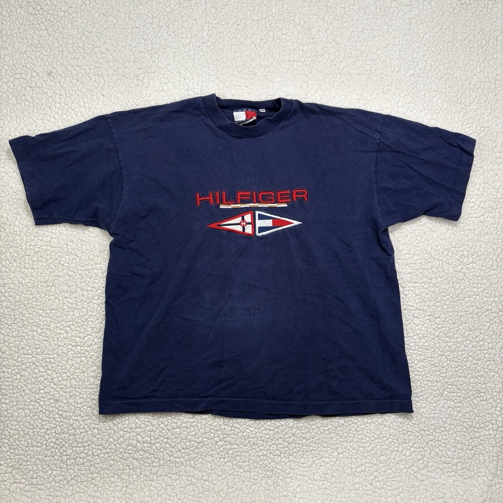 Vtg 80s Tommy Hilfiger Embroidered Flag Blue Red T-Shirt Size XL Nautical Boxy