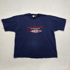 Vtg 80s Tommy Hilfiger Embroidered Flag Blue Red T-Shirt Size XL Nautical Boxy