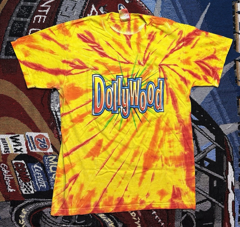 Vintage Dollywood Shirt Theme Park Medium Orange Tie Dye Souvenir Graphic Tee