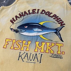 Vtg 90s Hanalei Dolphin Fish Market Kauai Tank Top M Anvil Red Bar USA Tie Dye