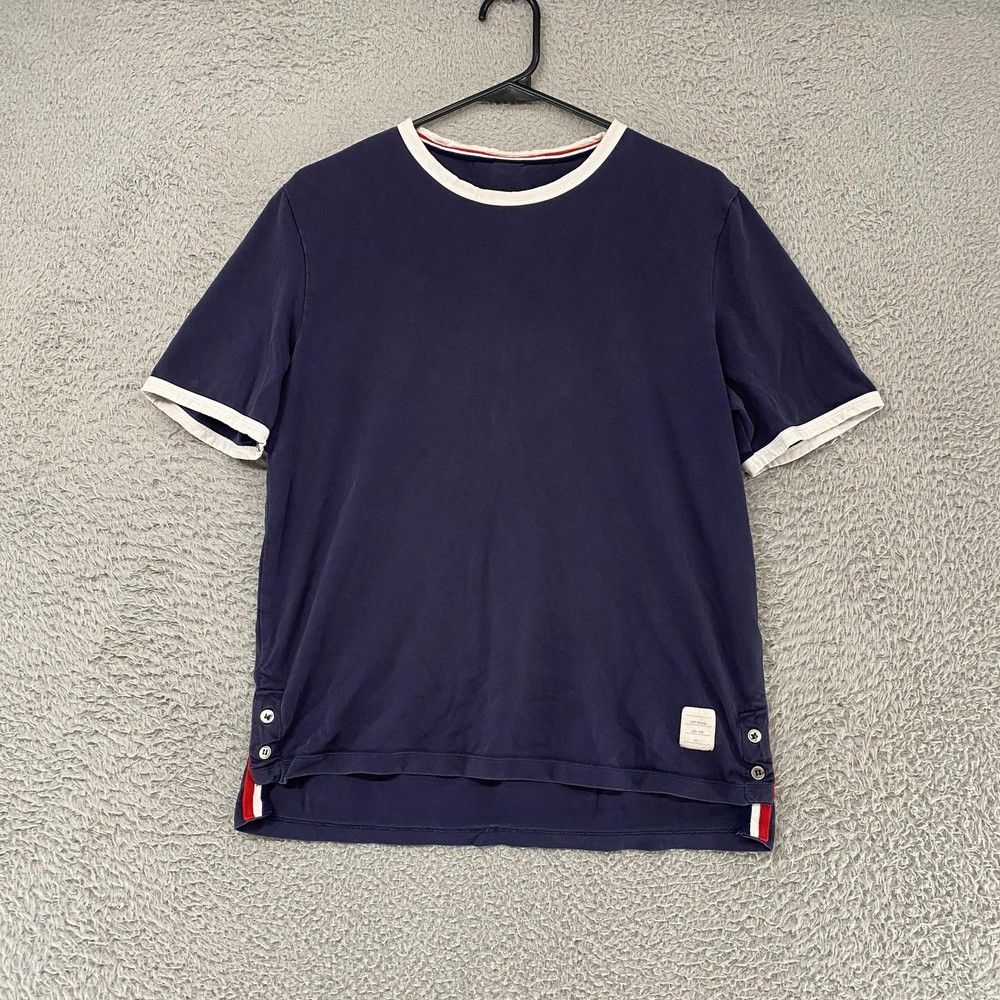 Thom Browne Ringer Shirt Mens 2 / Medium Navy Blue Side Button Made In Japan Tee