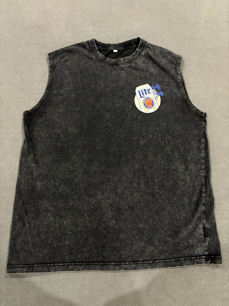 Vintage Miller Lite Tank Top Men Large Black Fine Pilsner Beer Graphic Acid Wash