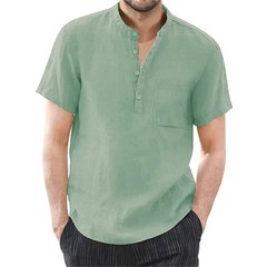 Men’s Cotton Linen Short Sleeve Casual Shirt Breathable Summer T-shirt Tee Gift