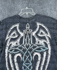 Affliction LIVE FAST SHIELD WINGED T Shirt Gray Blue Foil Accents Men’s M Grunge