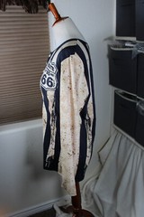 Route 66 Mens Shirt Large Henley Flag USA Blue Brown Button Easy Care