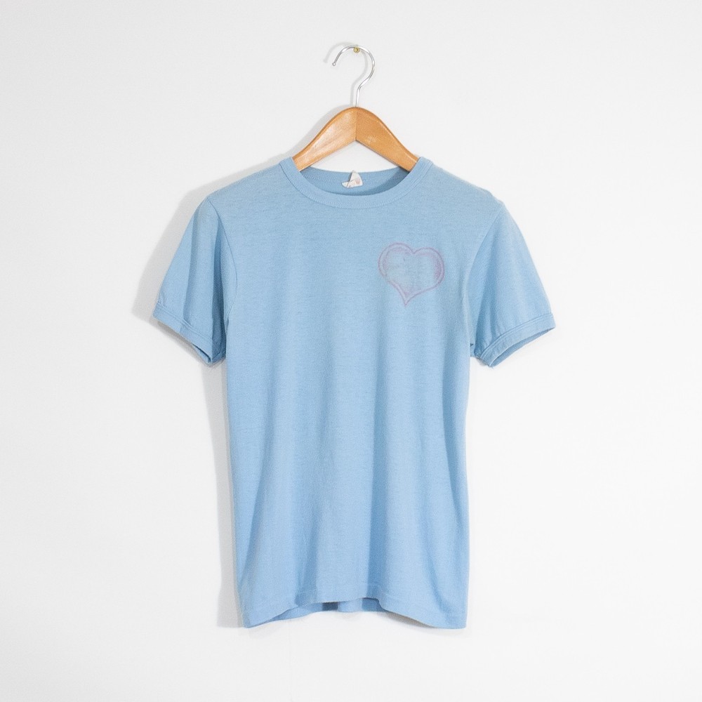 Vintage 80s Heart Ringer T Shirt Small – Single Stitch Distressed Name Text Blue