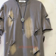 Men’s Punk Rock Distressed T-Shirt Safety Pin Hollow Out High Street Hip Hop Top