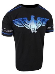 Mens T-Shirt Black Designer Italian Shiny Blue Eagle Bucheli Slim Fit Crew Neck