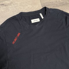 Helmut Lang Black Red Logo Cut Neck T-Shirt Short Sleeve Embroidered Cotton Sz M