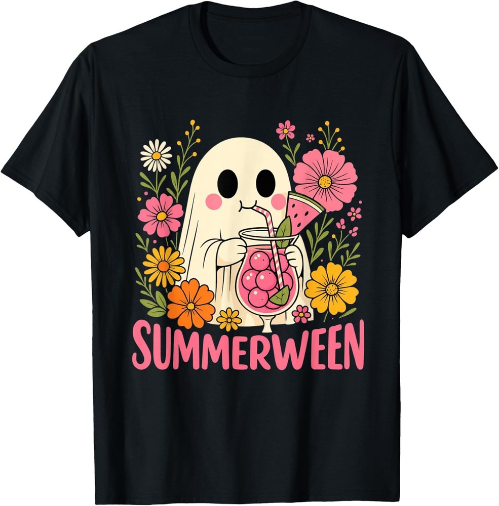 Summerween Funny Ghost Halloween Summer Floral T-Shirt
