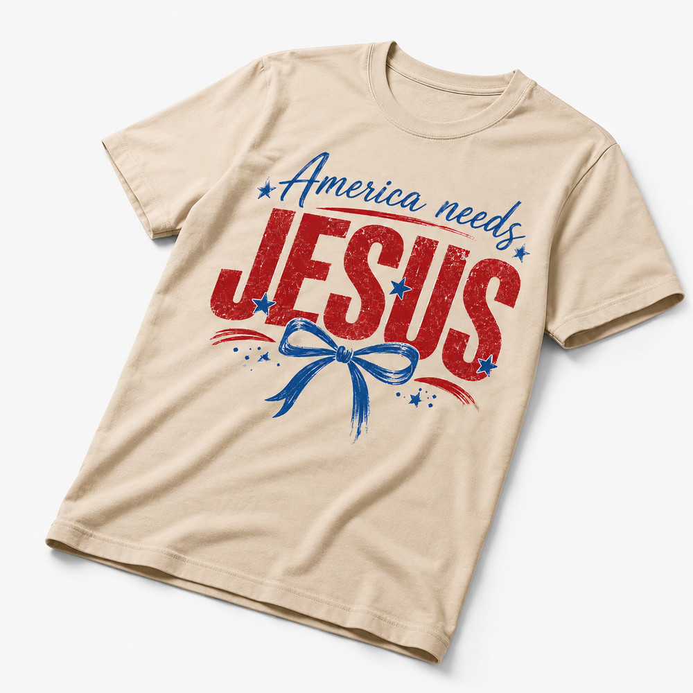 America Needs Jesus Shirt Patriotic Christian Faith Bow Tee Cream Women
