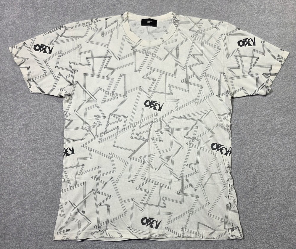 Vintage Obey Shirt Mens M White Geometric All Over Print Single Stitch 90s Tee
