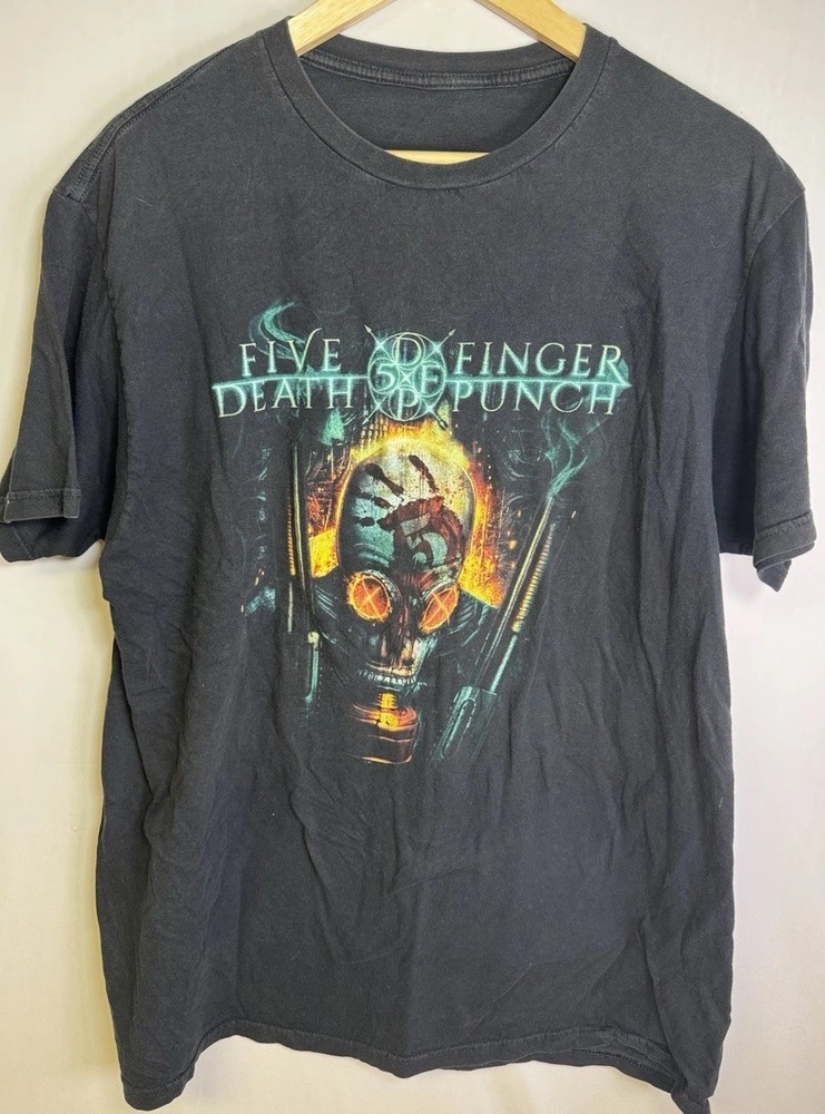 Five Finger Death Punch Band T Shirt Mens L Black Graphic Gas Mask Tee