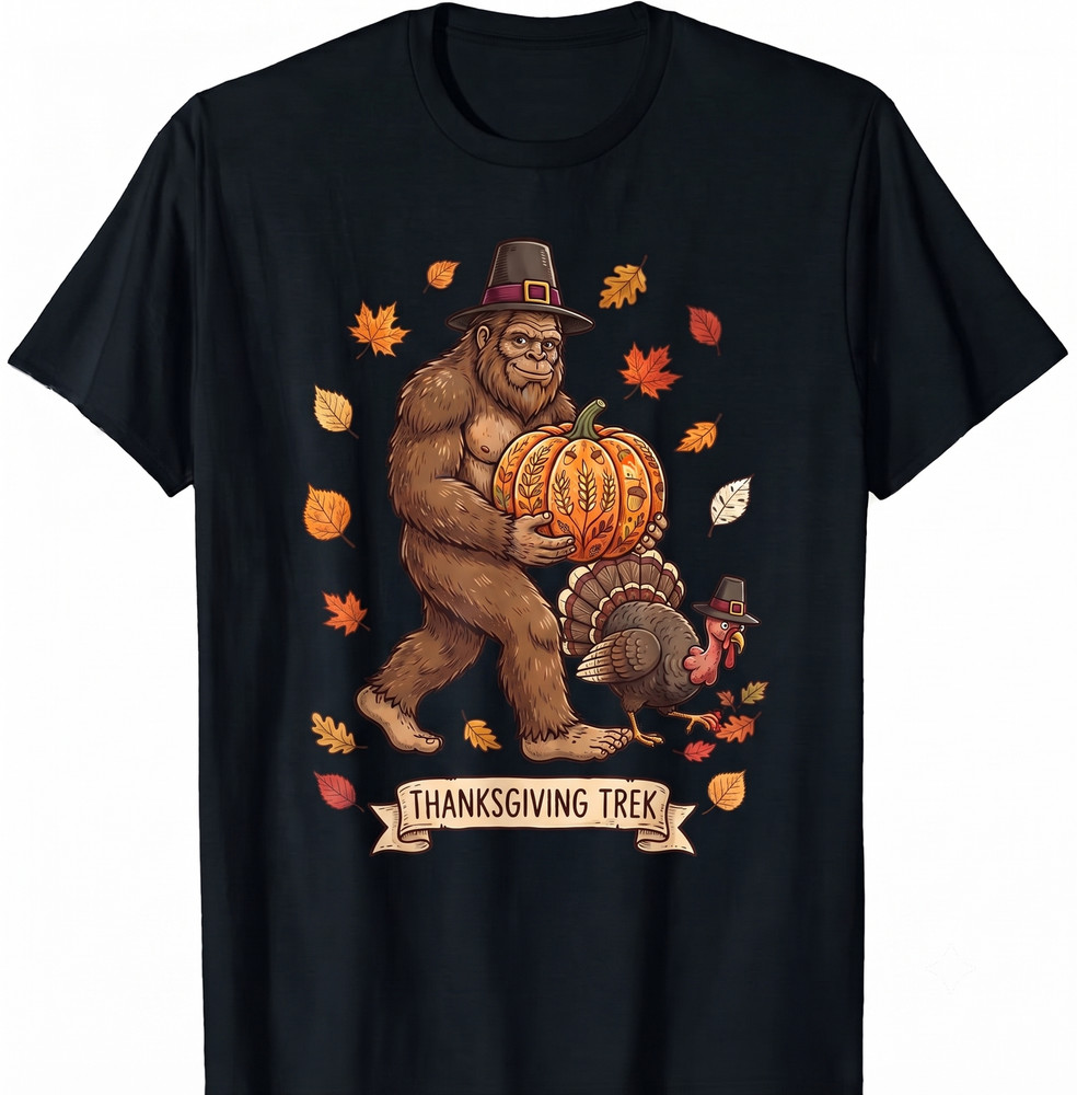Bigfoot And Turkey Thanksgiving Trek Funny Autumn Holiday T-shirt For Men Women