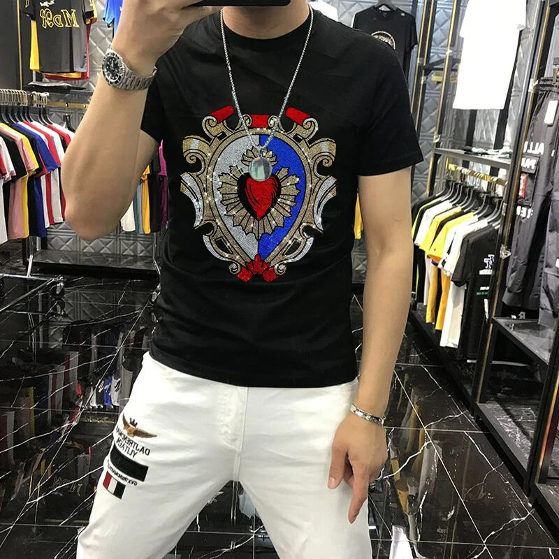 New Fashion Hot Drill Sequin Rhinestones Trend Cotton Summer Luxury Men T-Shirt