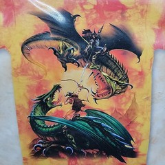 Size XL T-Shirt – Fantasy Art Dragon Duel Fight Orange Hand Dyed Tie Dye Bright