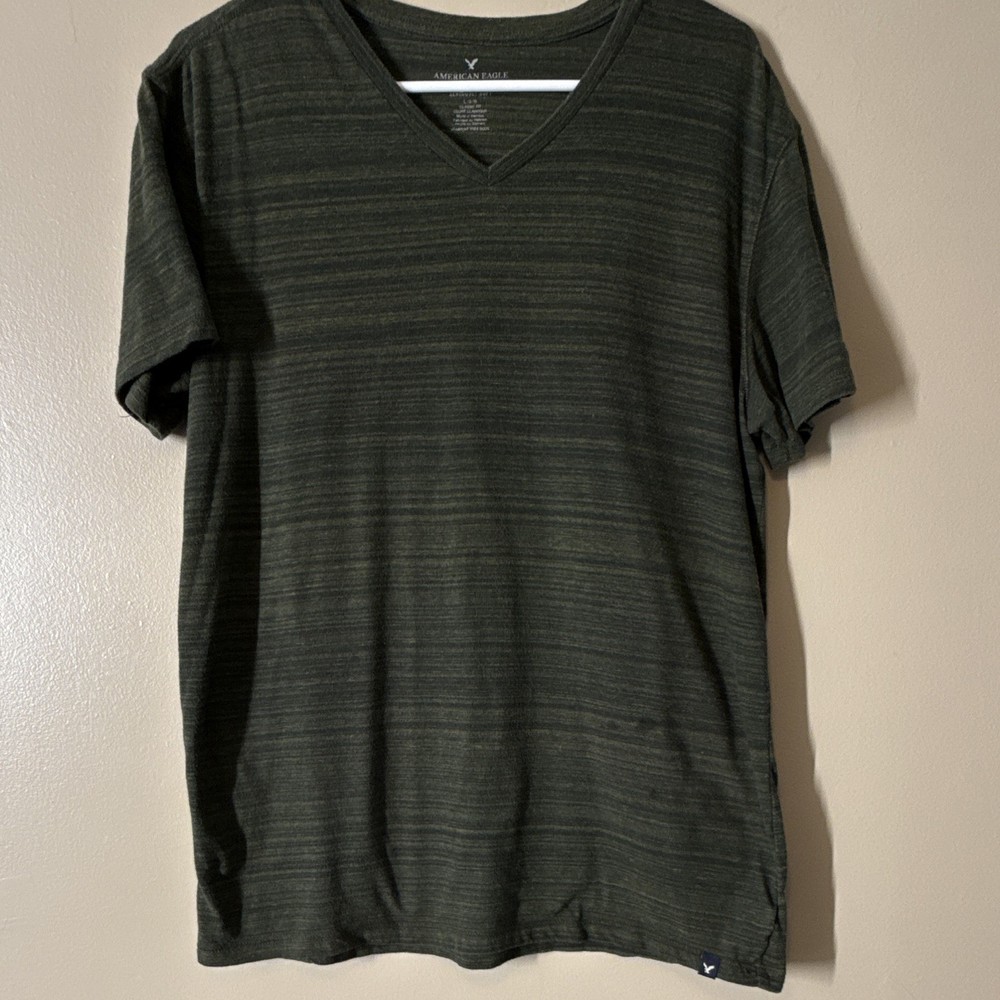 American Eagle Seriously Soft V-Neck Striped Tee Short Sleeve L Green
