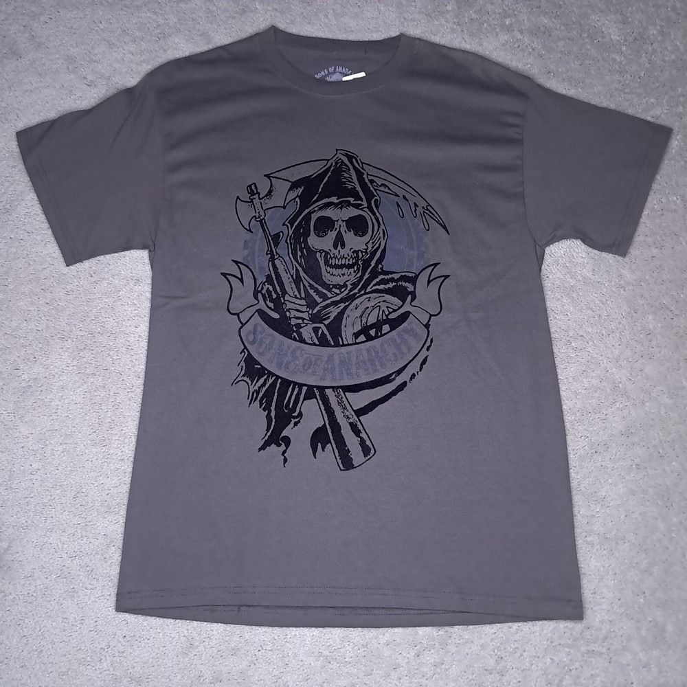 Sons Of Anarchy T-shirt Medium Gray Velvet Flocked Reaper Big Logo Spellout Y2k