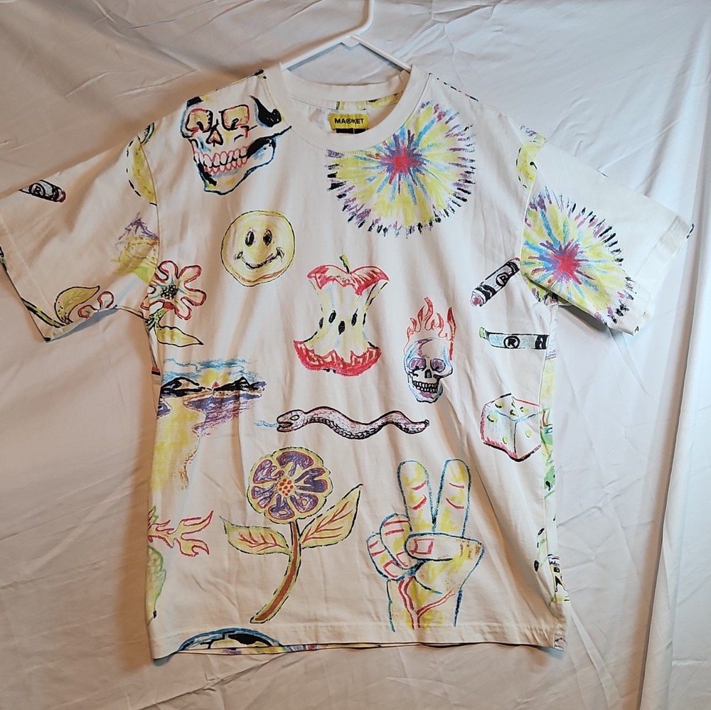 MARKET Smiley Graphic Logo Print Crew Neck Short Sleeve T-Shirt White L