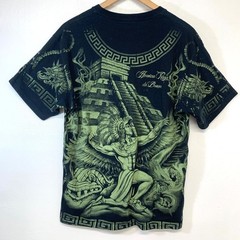 Yazbek Aztec Mayan Graphic T-Shirt Black Green Men Large All Over Print Mexico
