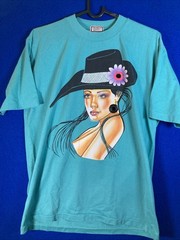 Vtg 90s Student Machine Graphic Tee Art Deco Lady Floral Hat Teal 100% cotton