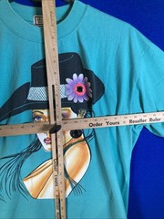 Vtg 90s Student Machine Graphic Tee Art Deco Lady Floral Hat Teal 100% cotton