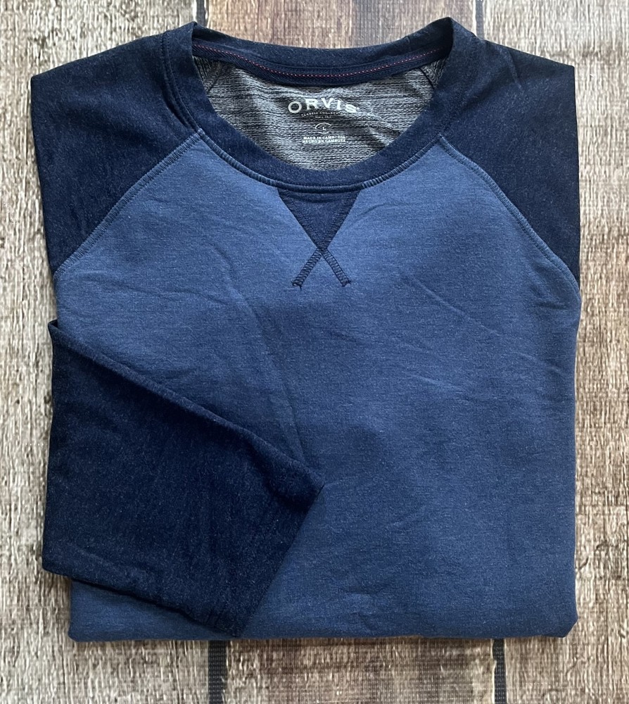 ORVIS CREWNECK LONG SLEEVE SHIRT 2 TONE BLUE MENS LARGE EXCELLENT