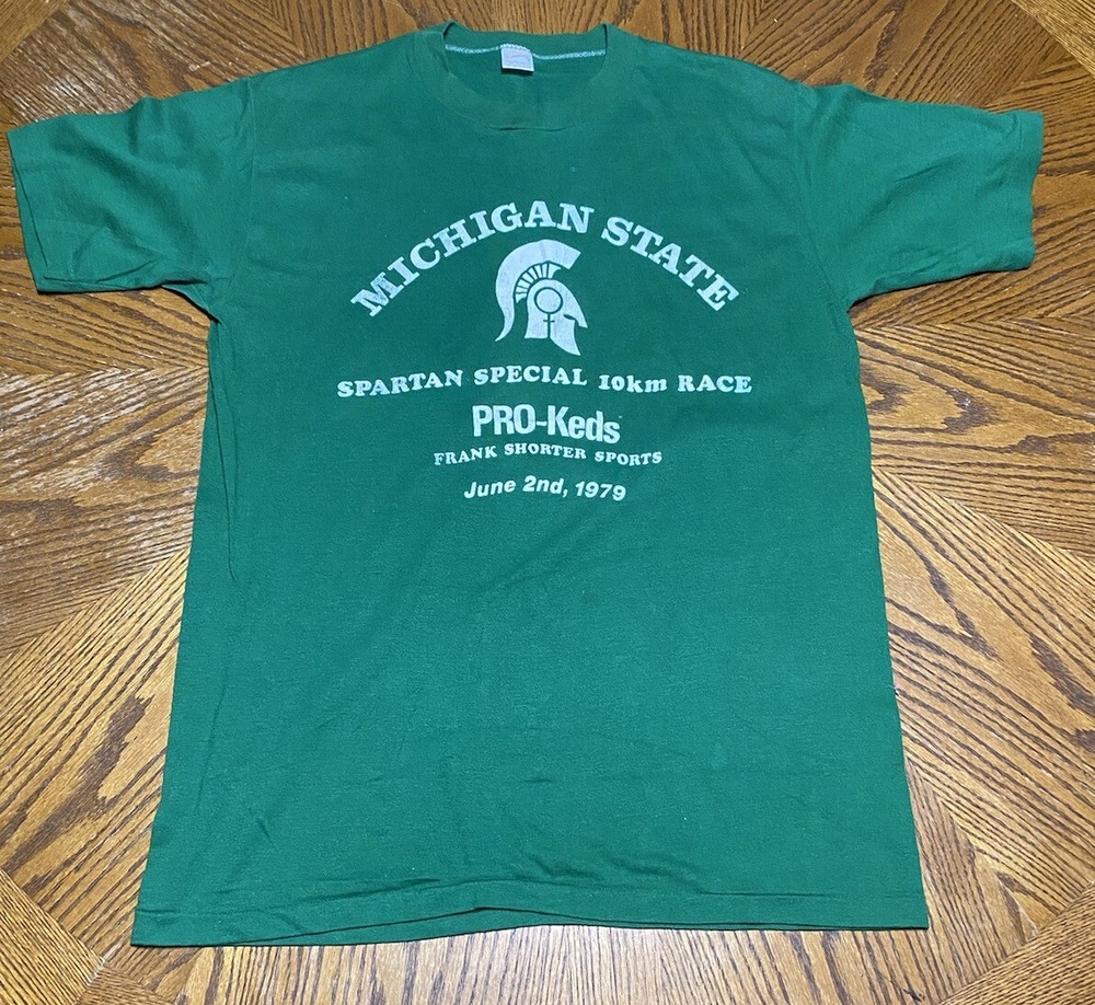 Vintage 1970s 1979 Made In USA Michigan State Spartans 10k Race Green T Shirt XL