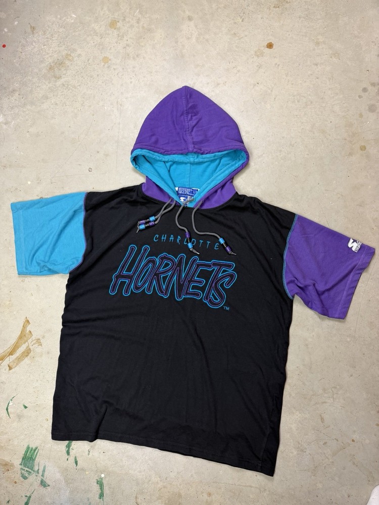 VTG 1990 NBA Charlotte Hornets Double Hood Starter Tee Made In Korea Large