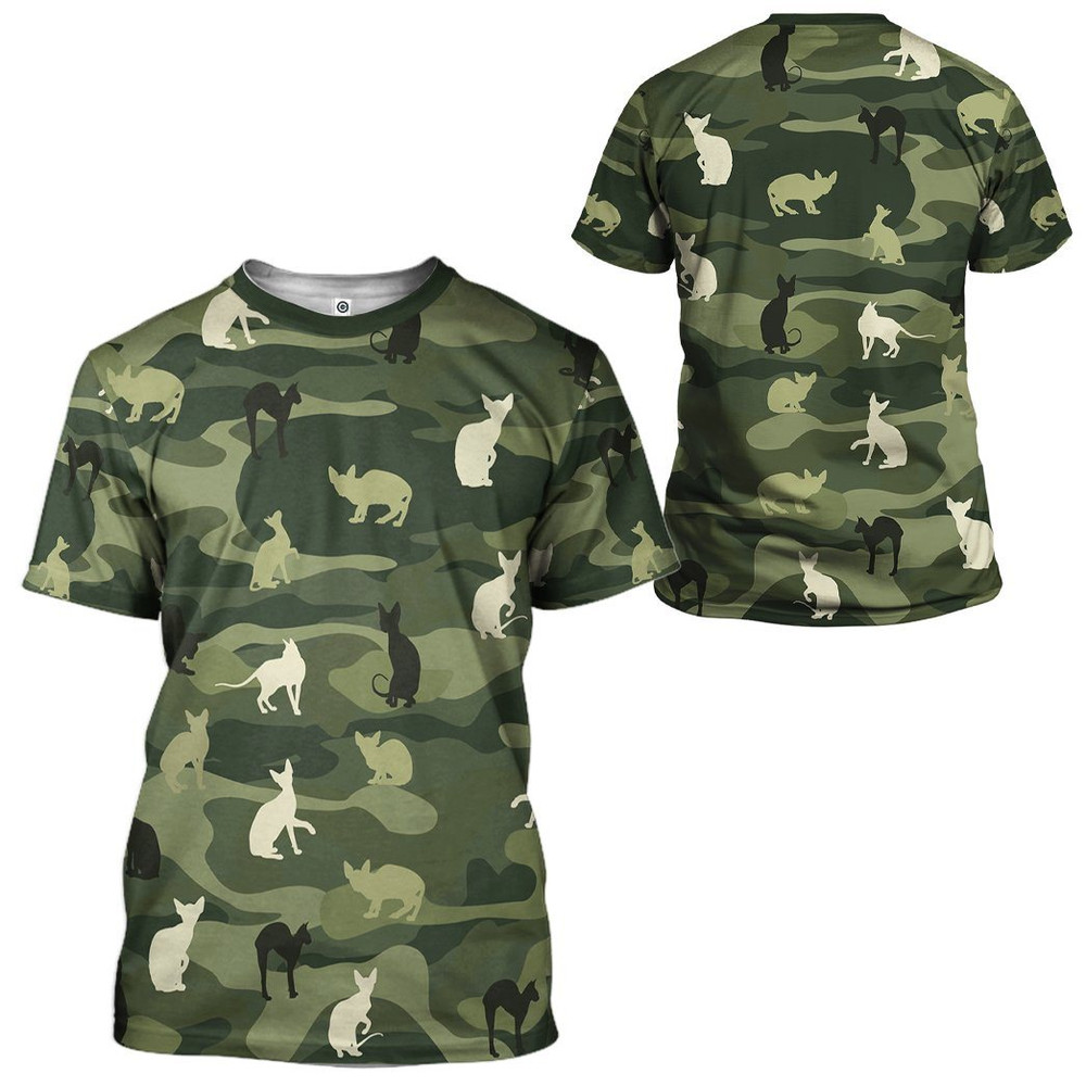3D Sphynx Cat Camo T-Shirt Funny Graphic Apparel All Size