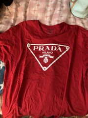 PRADA Milano Red Cotton T-shirt In XL White Logo Crystal Accents Short Sleeve