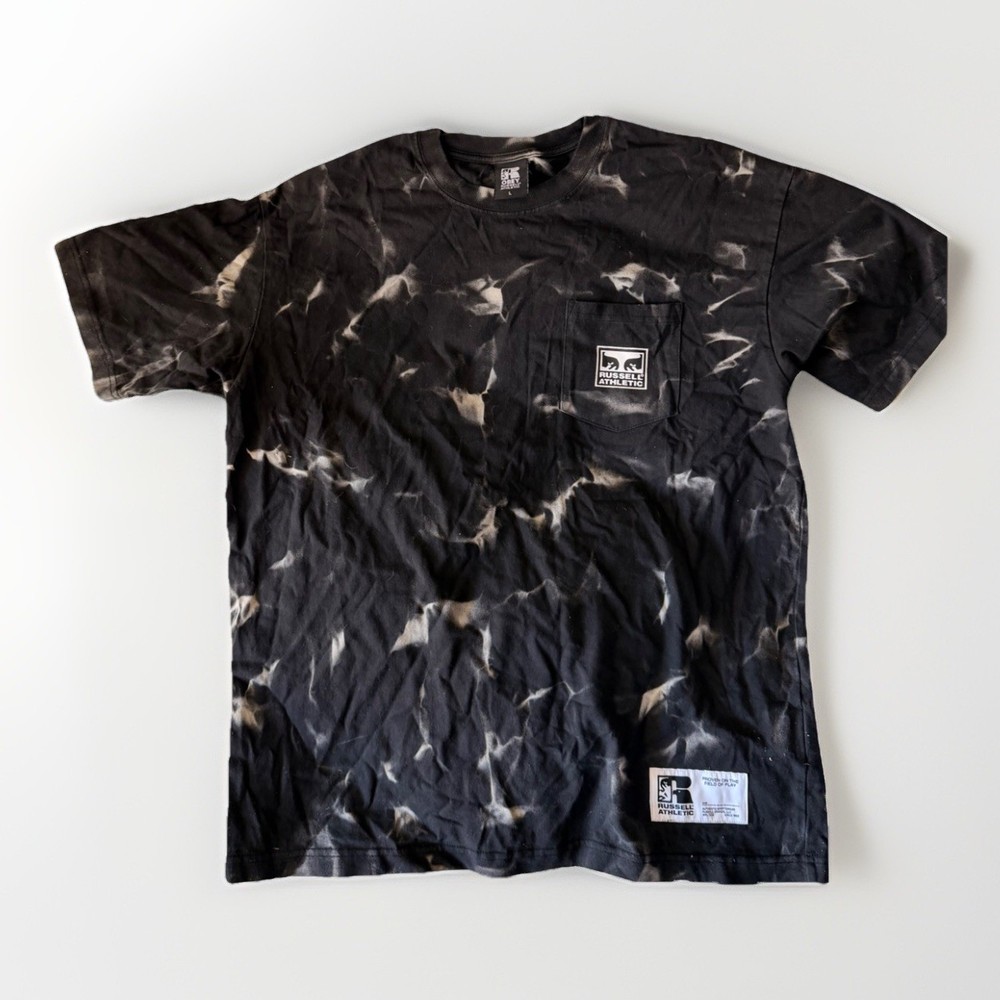 Obey Russell Athletic Black-And-White All Over Print T-Shirt Logo Tag Sz L