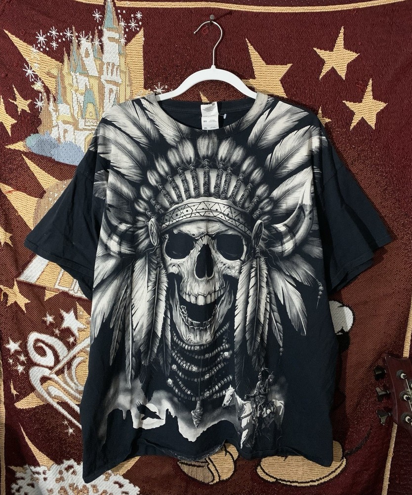 Skull Native American Chief Western Theme All Over Front Print T-shirt Size 2XL