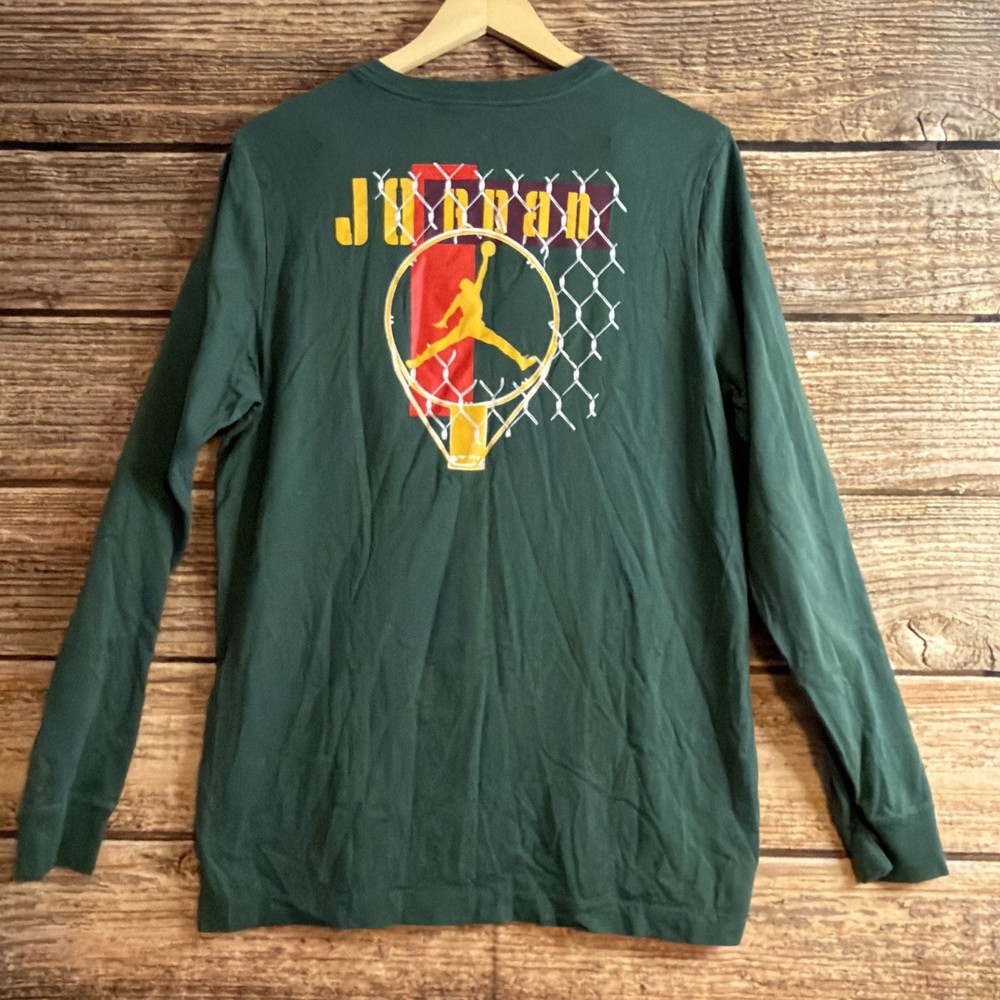 READ- Jordan Shirt Mens Large Green Crewneck Graphic Jumpman Logo Spellout Net