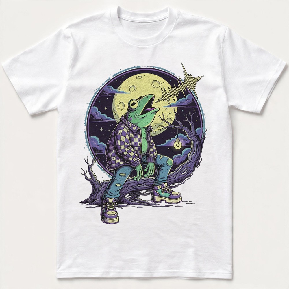 Funny Frog Flannel Howling Moon Spooky Tree Retro Graphic Tee Gift Men