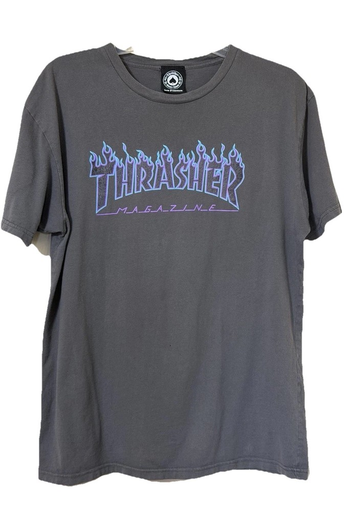 Thrasher Magazine Gray Flame Logo Graphic T Shirt Men’s Large Skate Tee