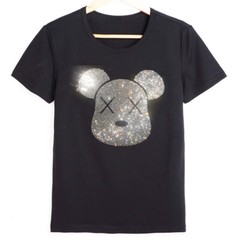 New Fashion Diamond Rhinestones Bear Short Sleeve Luxury Men Black T-Shirt