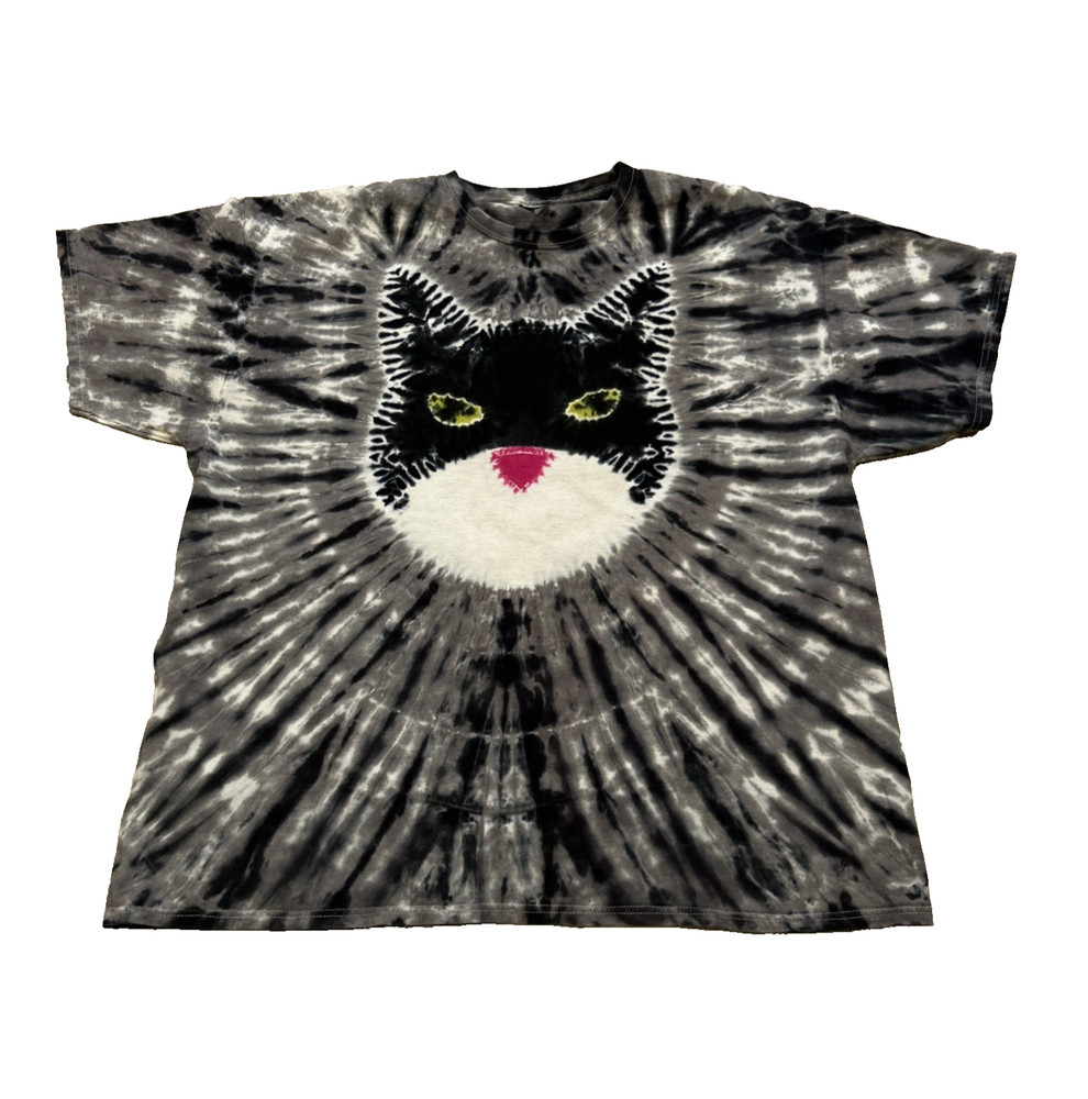Unbranded Tie Dye T-Shirt XL Kitty Cat Face Gray Black White Tee Green Eyes