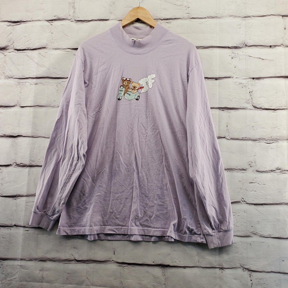 Teddy Fresh Shirt Mens XL Lavender Long Sleeve Mock Neck Embroidered Bear