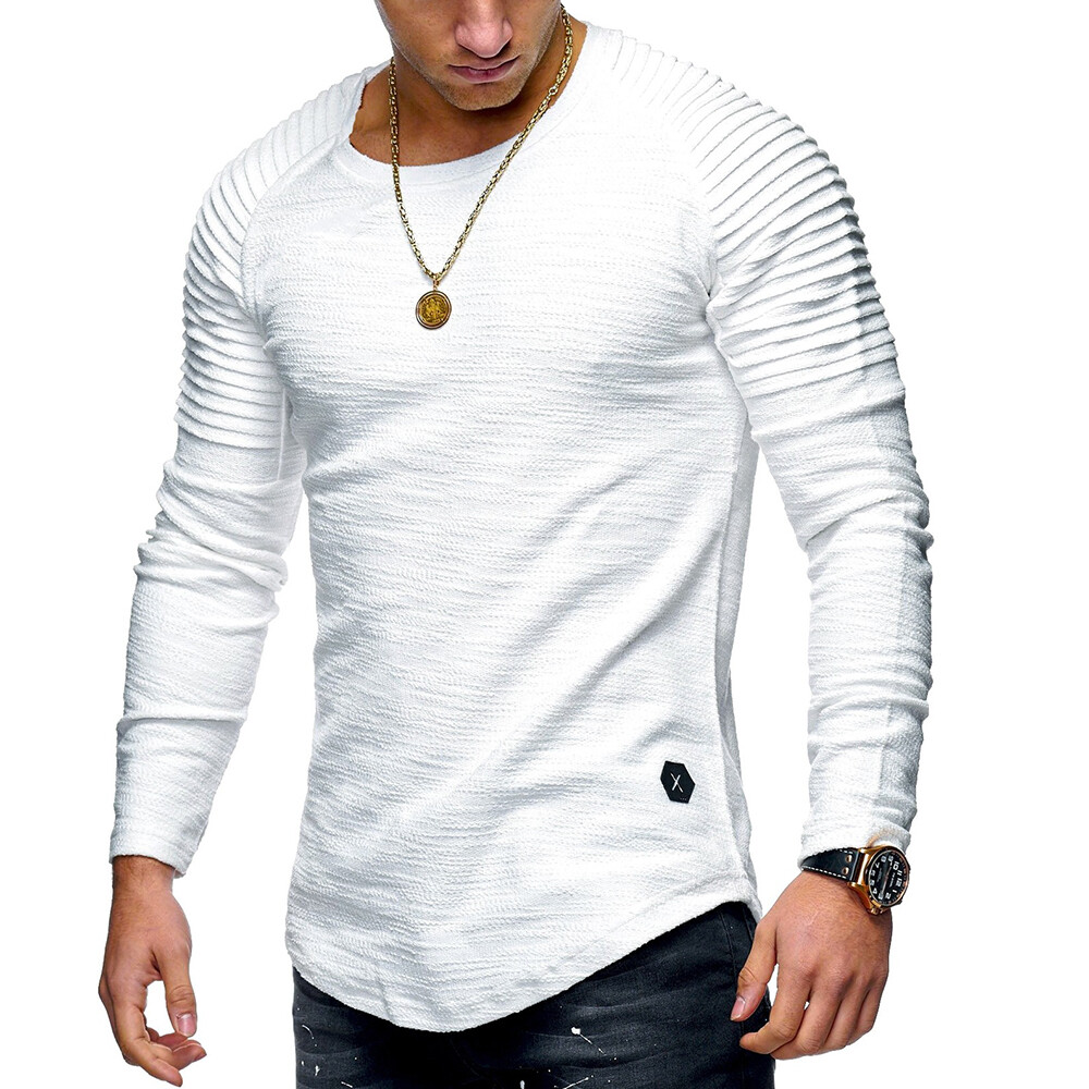 Mens Muscle T Shirt Slim Fit Top Gym Crew Neck Long Sleeve Plain Tee Shirt UK