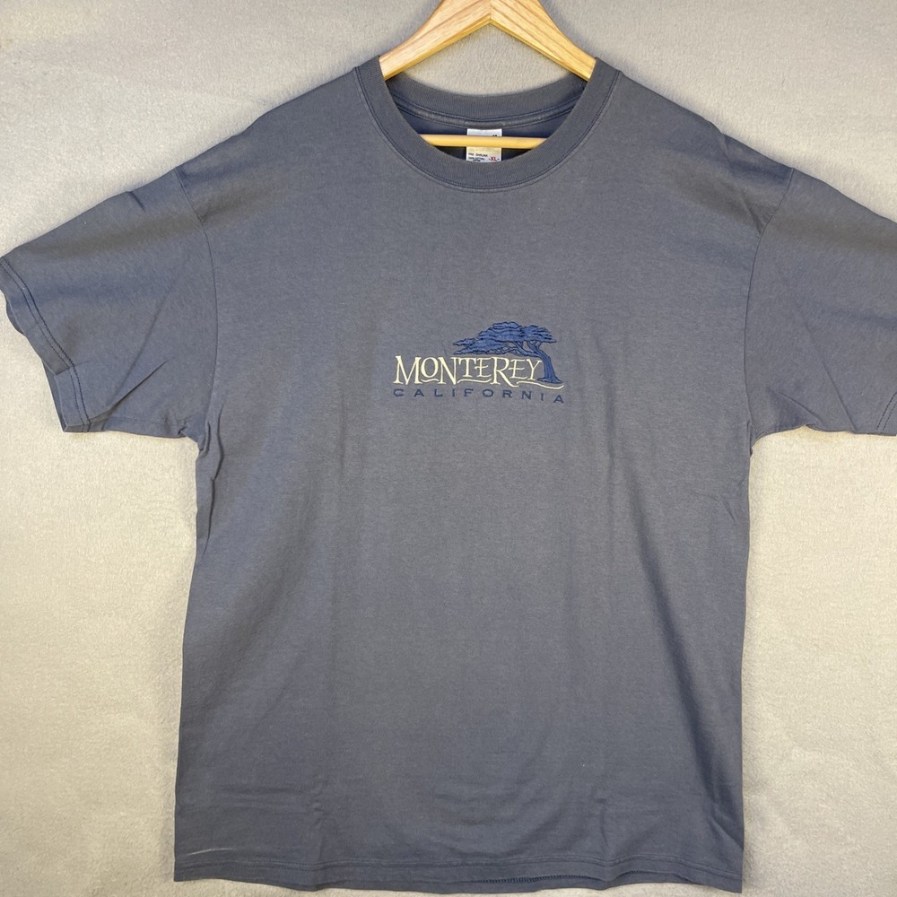 VTG 90s Moneterey California Emboridered T Shirt XL Faded Blue Cypress Anvil
