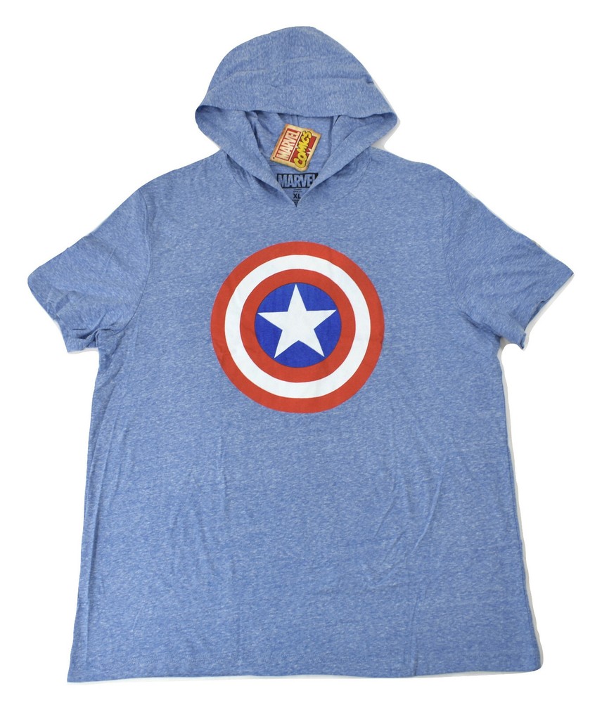 Marvel Mens Captain America Shield Hooded Hoodie Short Sleeve Shirt NWT S-XL