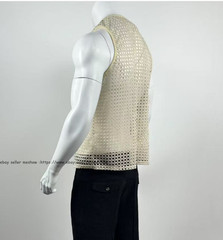 Mens Knitted Crochet Tank Tops Summer Hollow Sleeveless T-shirt Scoop Neck Shirt
