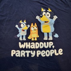 Bluey Adult T-Shirt – Bingo Bluey Whaddup, Party People Sze 2XL/2TG 50/52