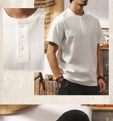 American retro T-shirt men new short-sleeved men summer Henry collar