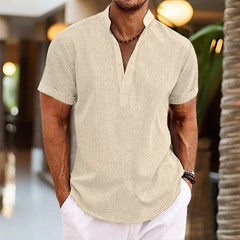 2023 Men’s Casual Short Sleeve Cotton Linen Shirts Streetwear Pure Color