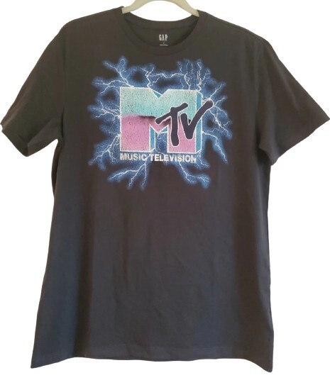 New MTV Lightning Strike Logo Mens Medium Music Television Black Cotton T-Shirt