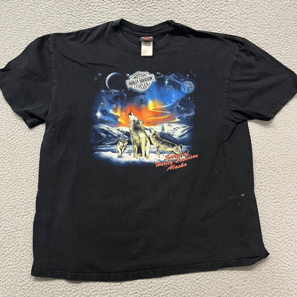 Harley Davidson Shirt Mens 2XL Black Fairbanks Alaska Wolves Screaming Eagle