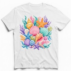 Colorful Seashells Coral Starfish T-Shirt Ocean Beach Summer Tee