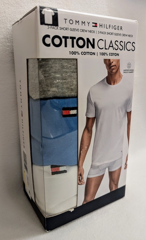 Tommy Hilfiger Men’s Classic Crew Neck Tee T-Shirts 3-Pack MED Blue Gray White M